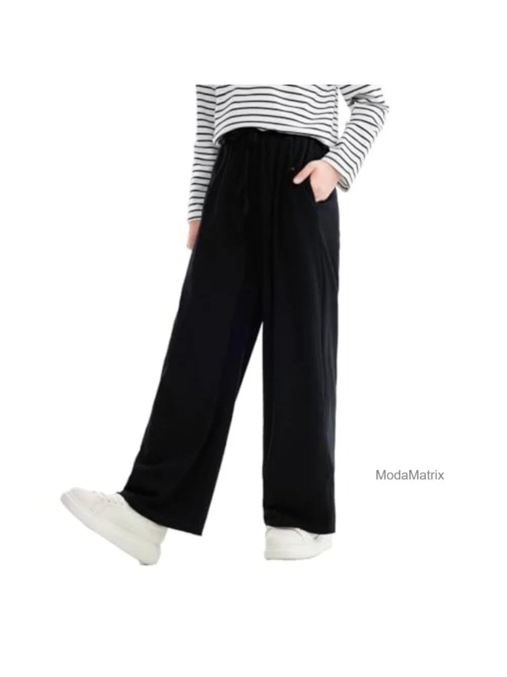 Girls High Waisted Wide Leg Pants Cotton Spandex with Pockets